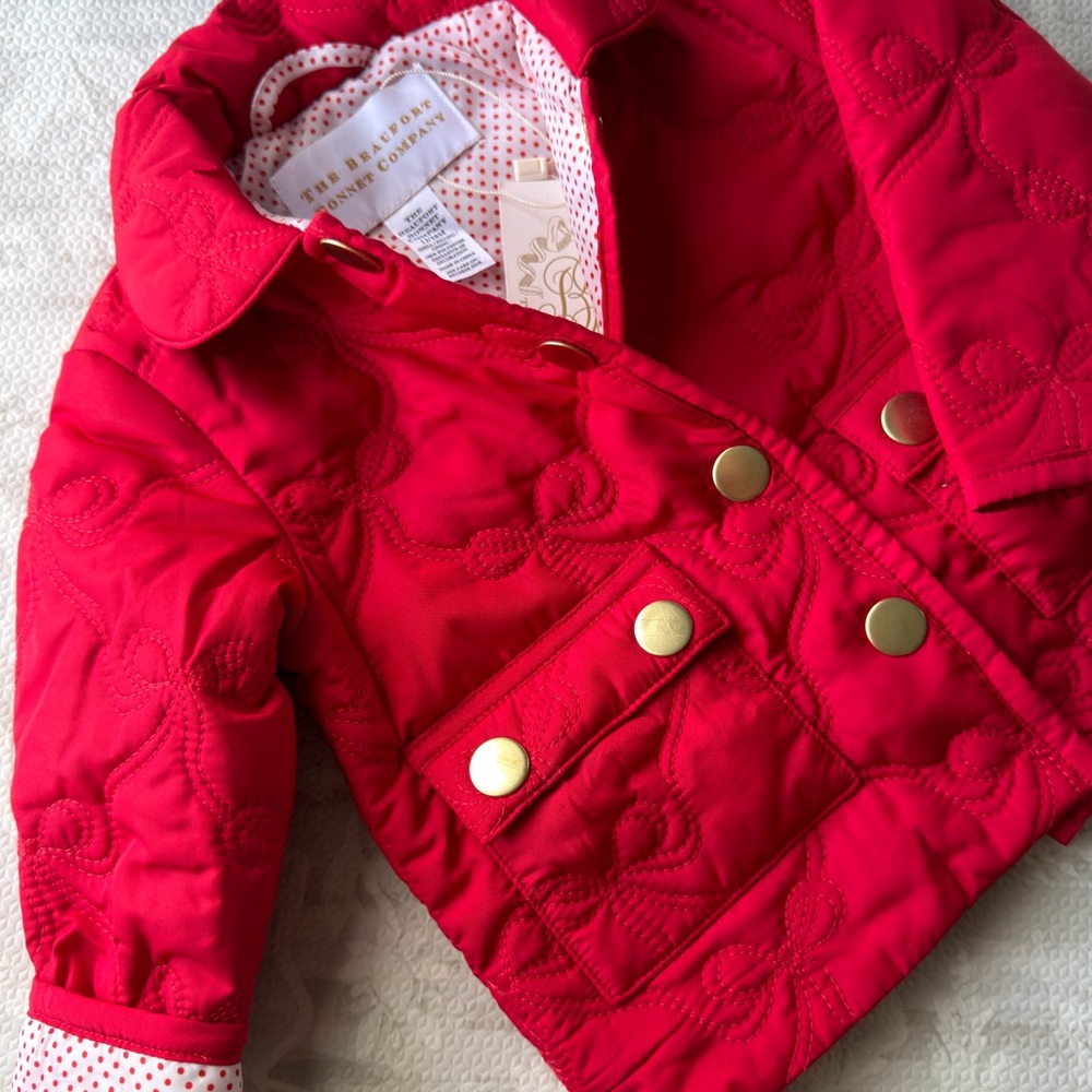 NWT The Beaufort Bonnet Company Kendall Quilted Coat - Richmond Red Bows 12-18M